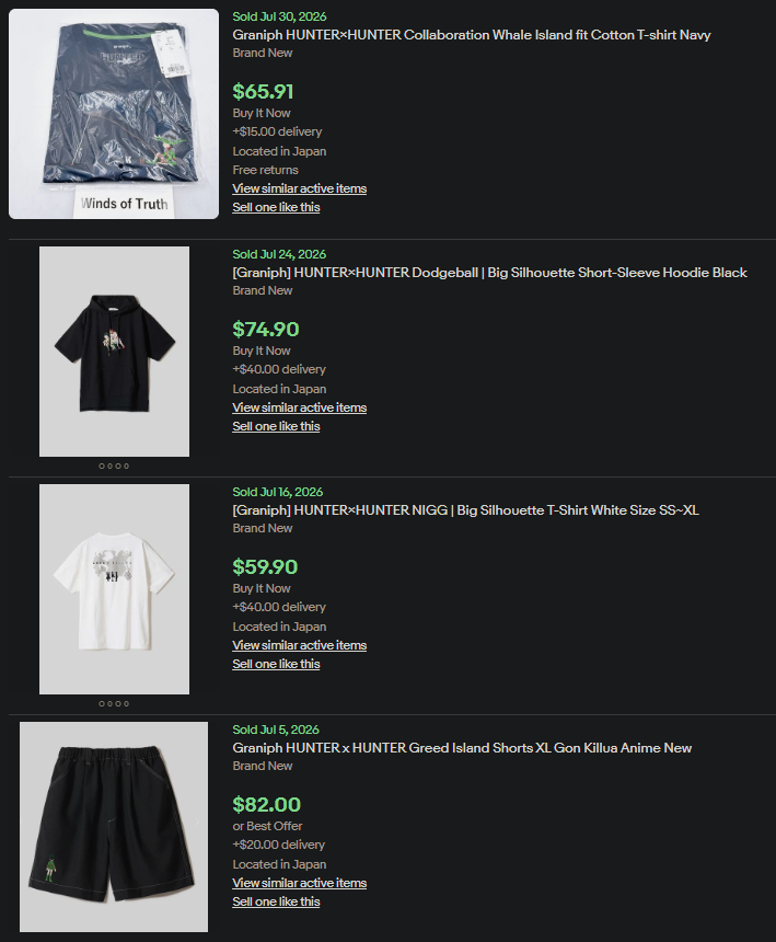 eBayのグラニフ×HUNTER×HUNTER Sold一覧。くじら島Tシャツ $65.91、ドッジボール ビッグシルエット半袖パーカー $74.90、NIGG ビッグシルエットTシャツ $59.90、グリードアイランド ショートパンツ $82.00